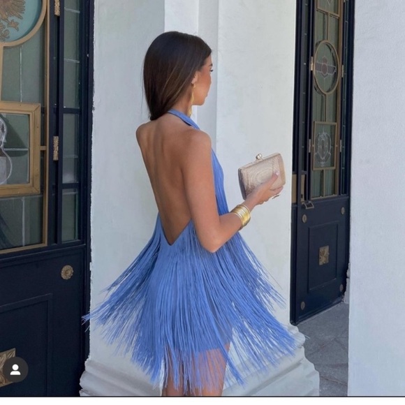 ZARA Blue Fringe Halter Mini Dress NWT - Picture 8 of 15